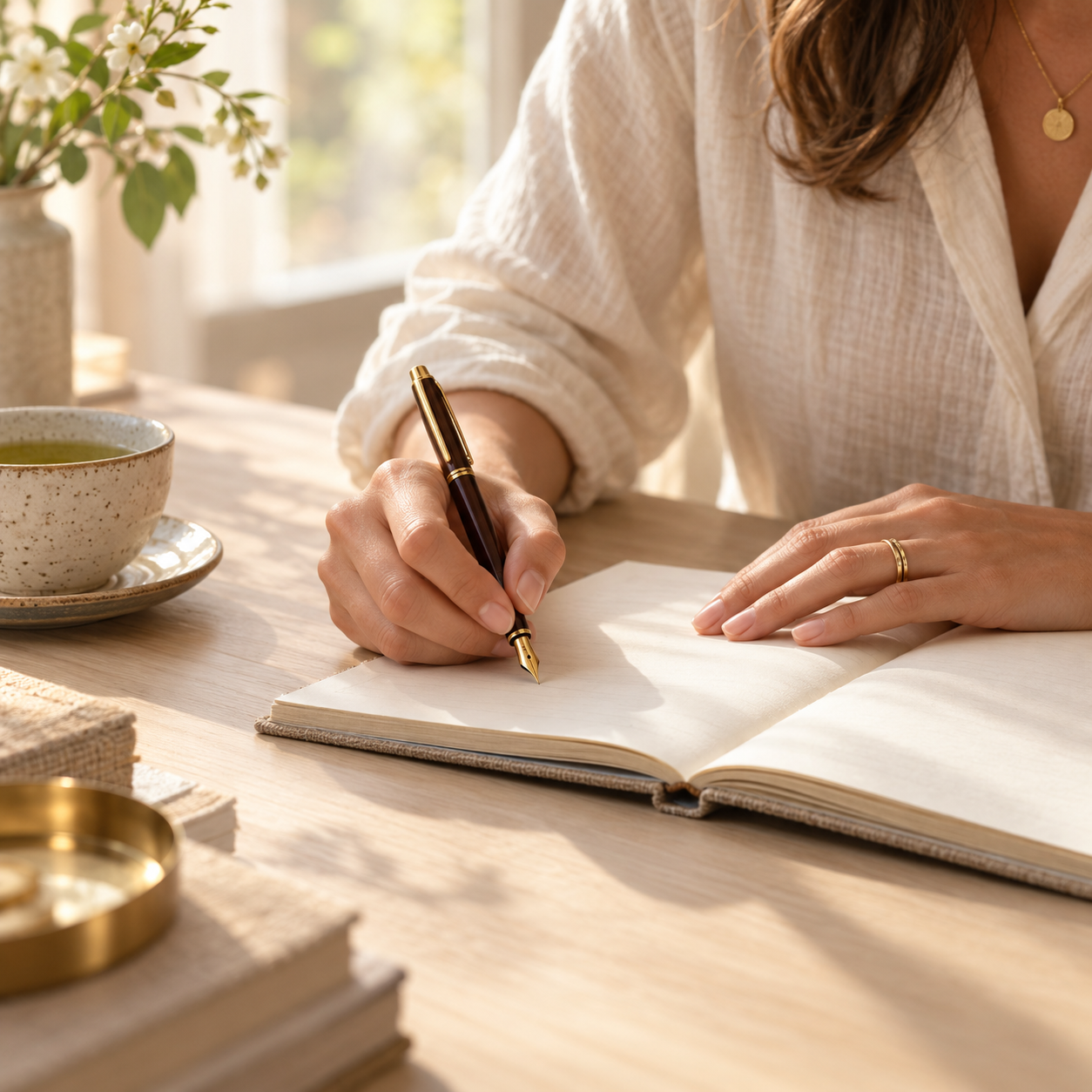 Hands writing in a journal at a sunlit desk