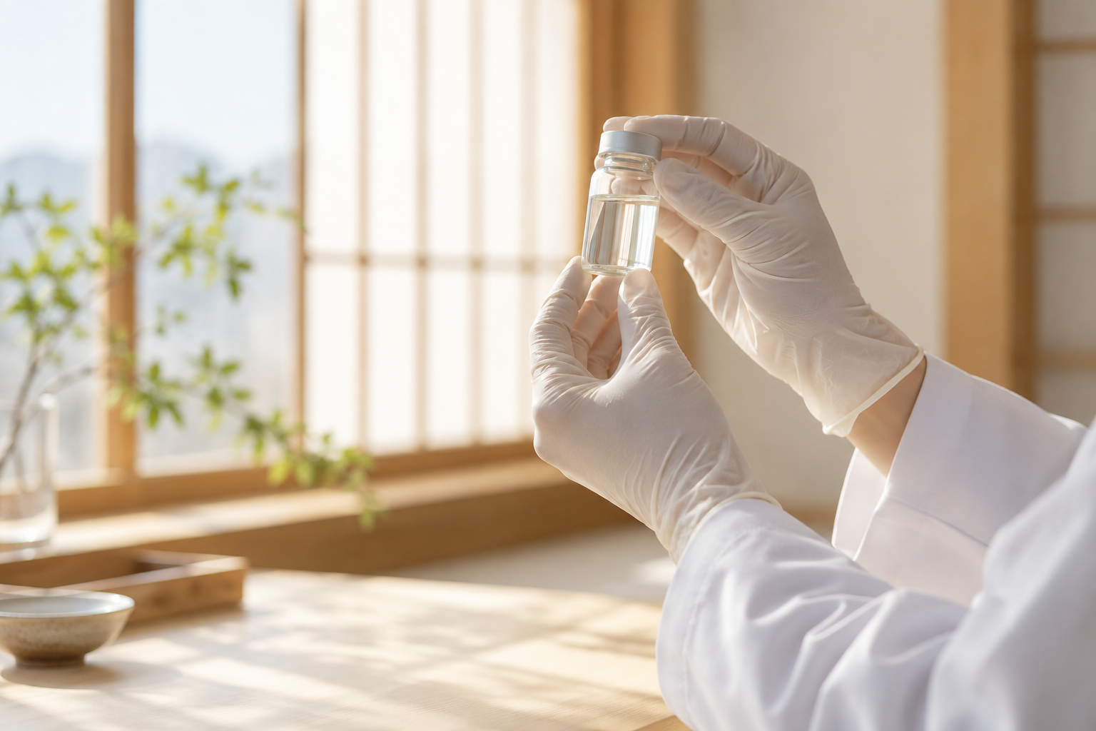 Gloved hands holding a clear glass vial in a laboratory