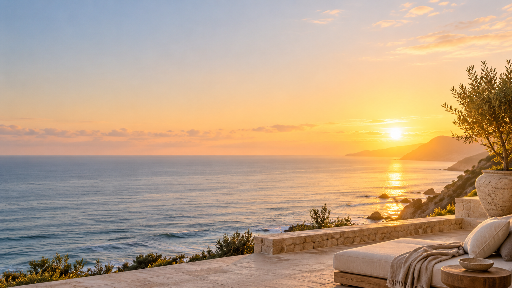 Sunrise over the Pacific Ocean from a stone terrace