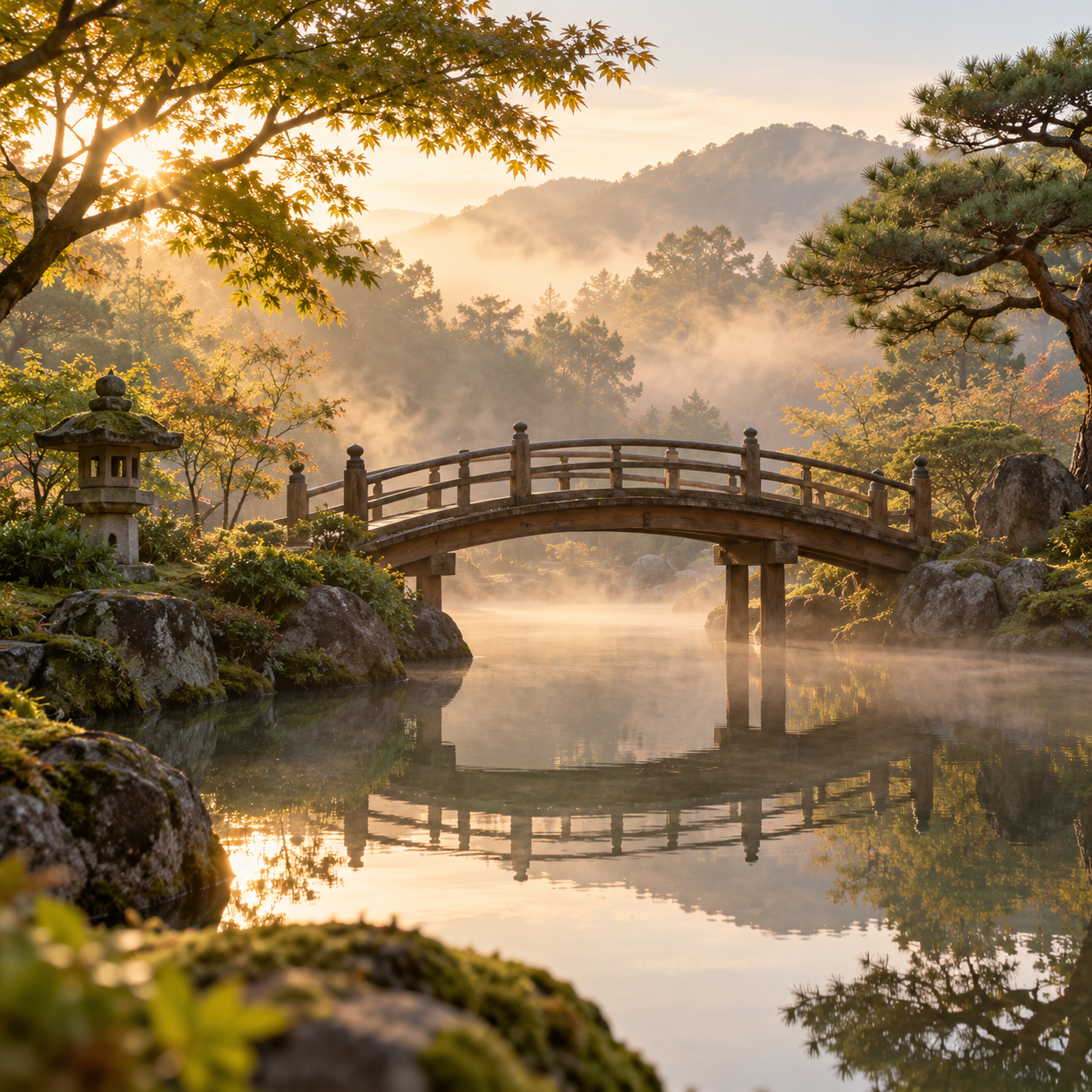 Wooden footbridge in a Japanese garden