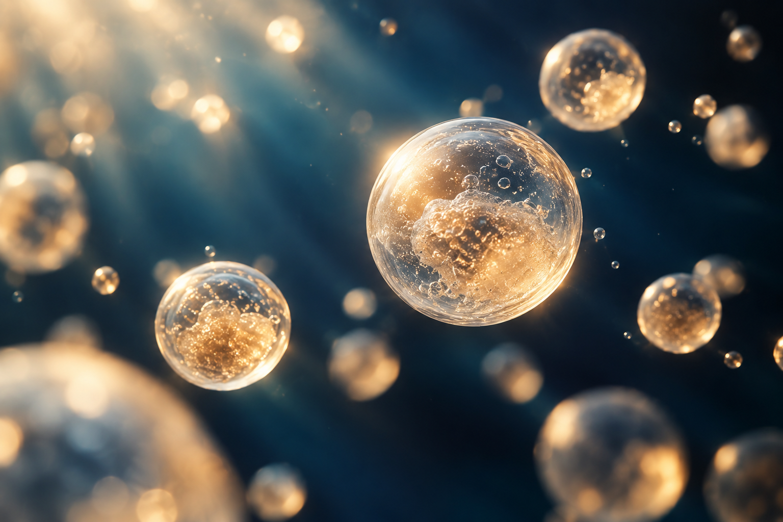 Abstract luminous spheres in gold and blue light