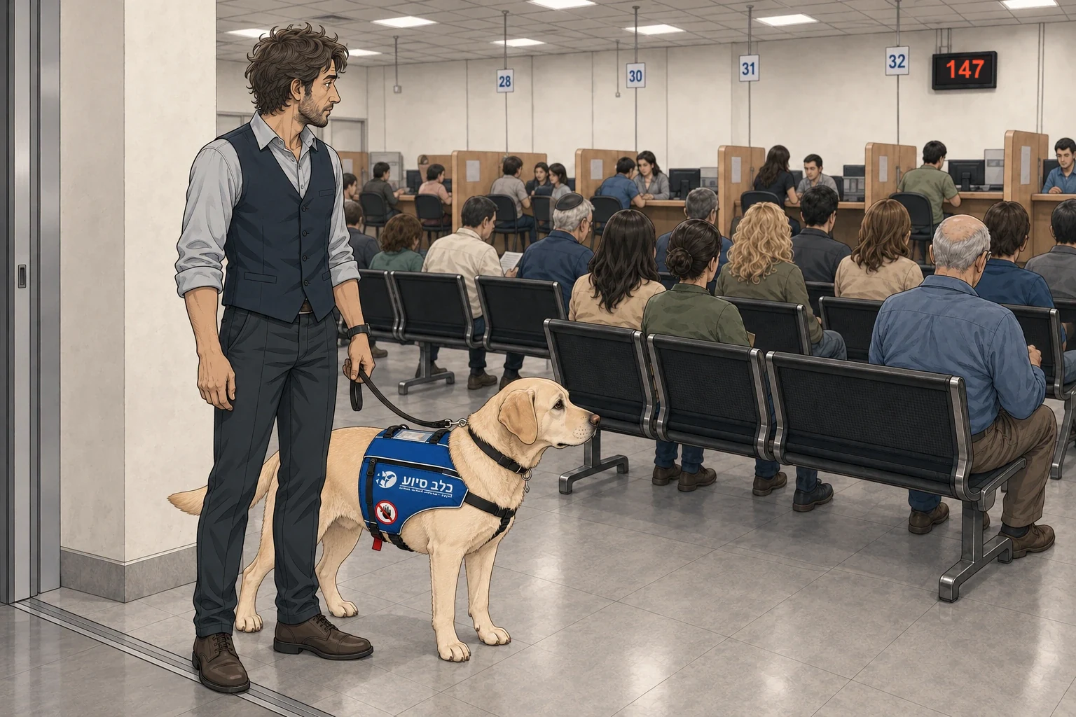 שי, מצויר, עומד עם רובי, כלבת הסיוע, ממש בכניסה למשרד השירות, ומסתכל על אולם ההמתנה, הדלפקים והלוח.