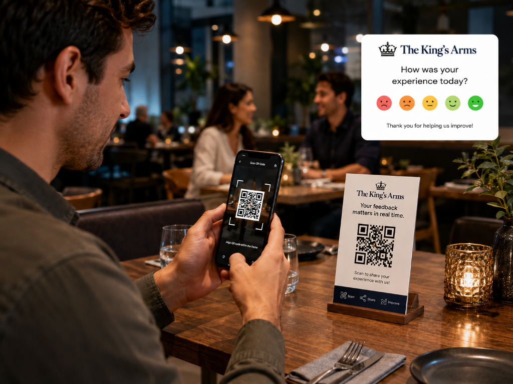 Customer scanning MoniVibe QR code at restaurant table