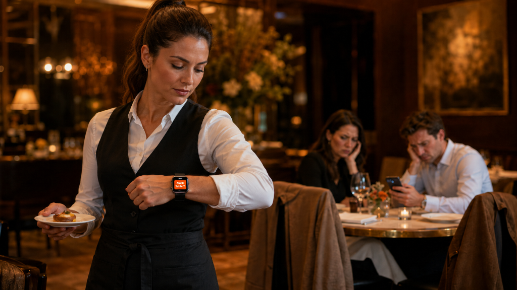 Waitress receiving an alert on her smartwatch while customers give feedback