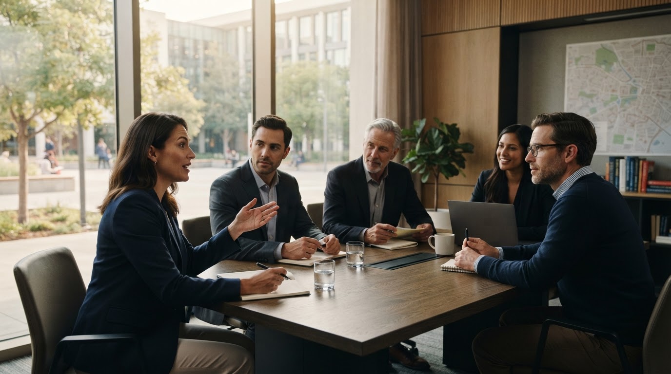 Executive discussion in a university meeting room
