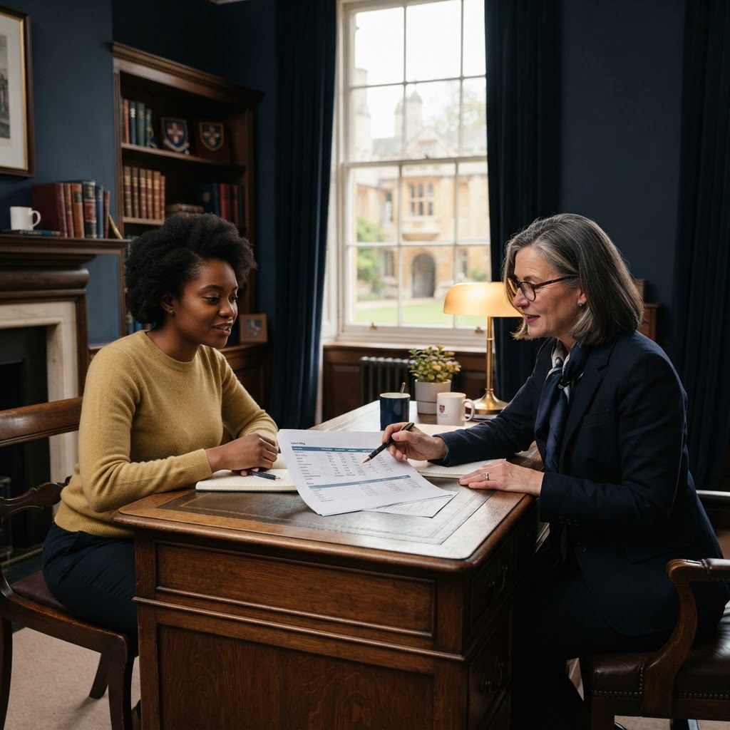 Student reviewing tuition options with an academic adviser