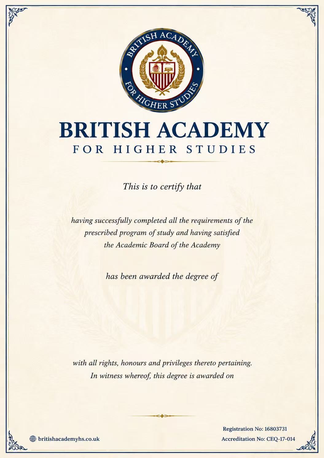 BAHS sample certificate