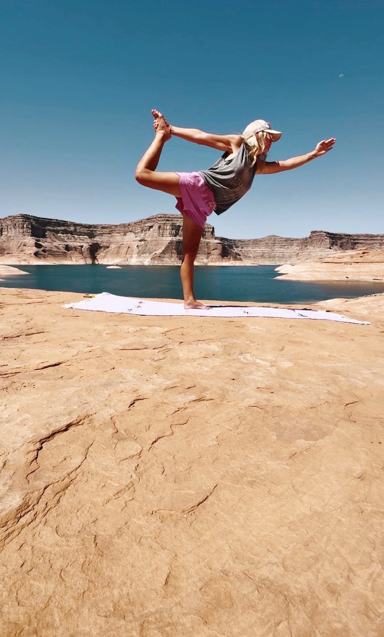 Kelli in Dancer's Pose overlooking the lake