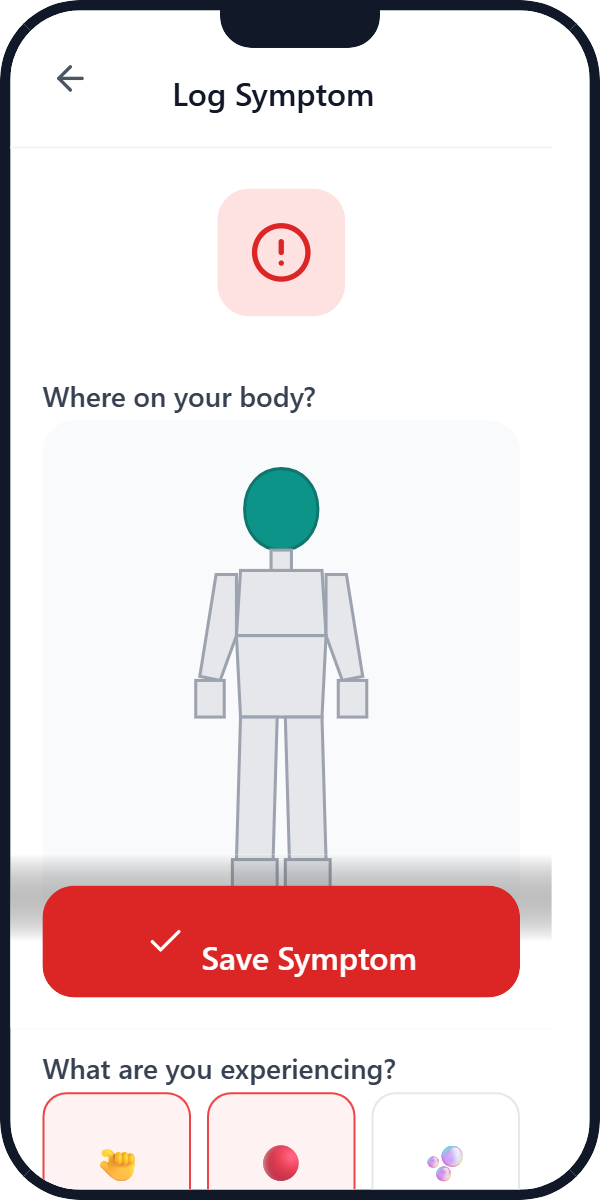 Allergy Detective AI symptom logging screen showing body location selector, symptom types, severity scale, and duration options