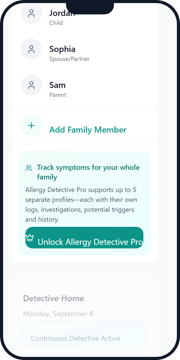 Allergy Detective AI family profiles screen showing multiple profile entries for different family members and Pro upgrade option