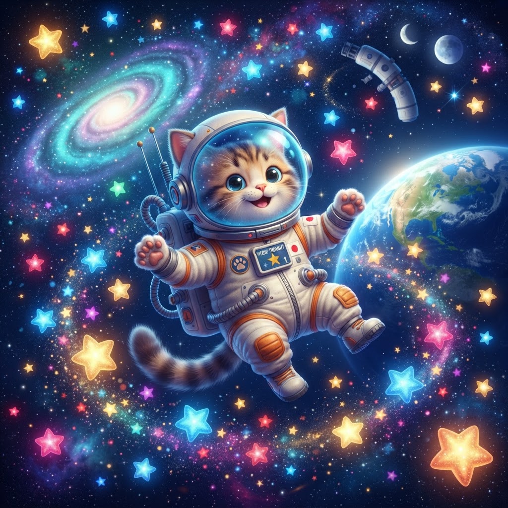 Um gato astronauta flutuando no espaço com estrelas coloridas, estilo cartoon 3D