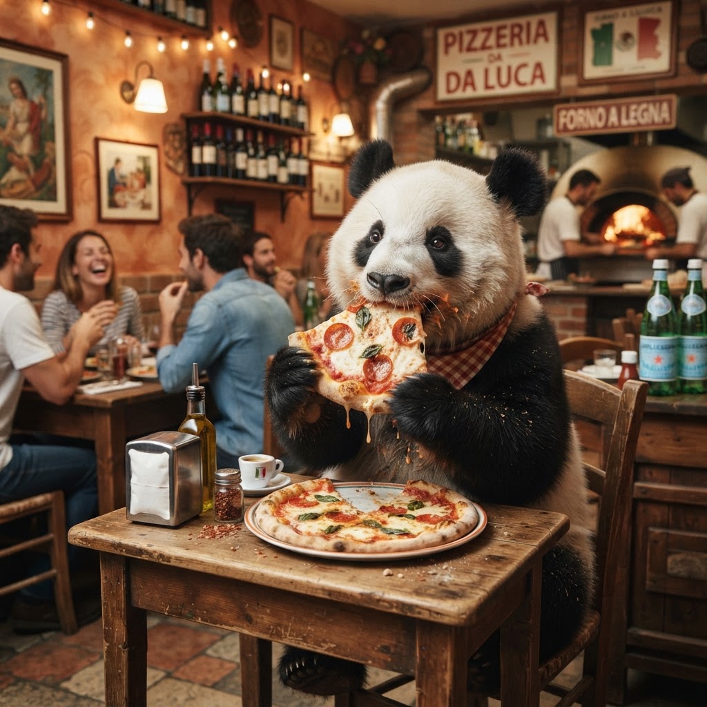 Panda comendo Pizza em Pizzaria Italiana
