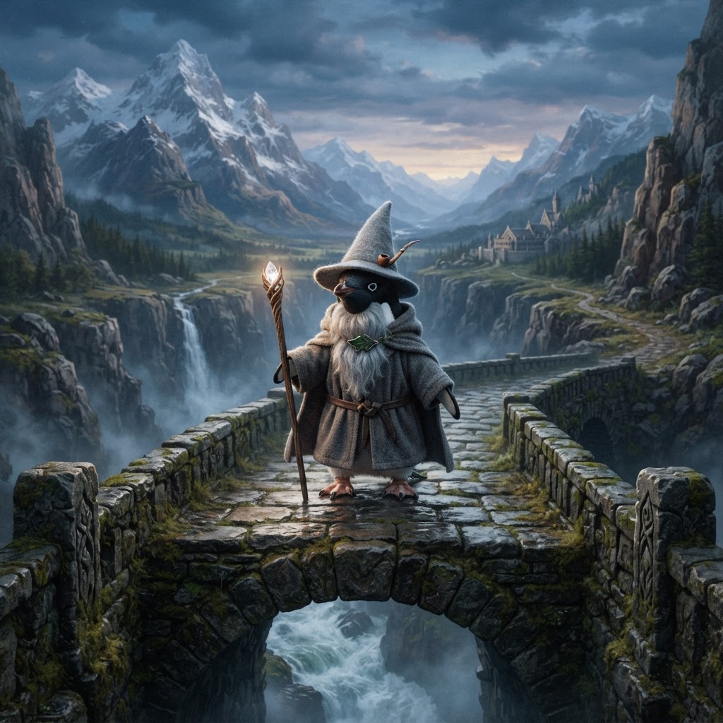 Pinguim Gandalf na Ponte de Khazad-dûm