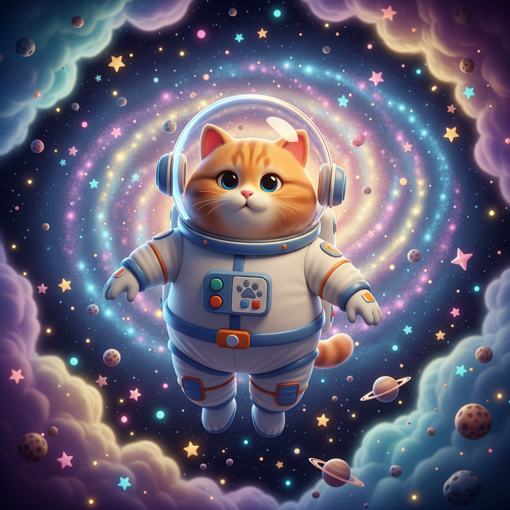 Um gato astronauta flutuando no espaço com estrelas coloridas ao fundo, estilo cartoon 3D