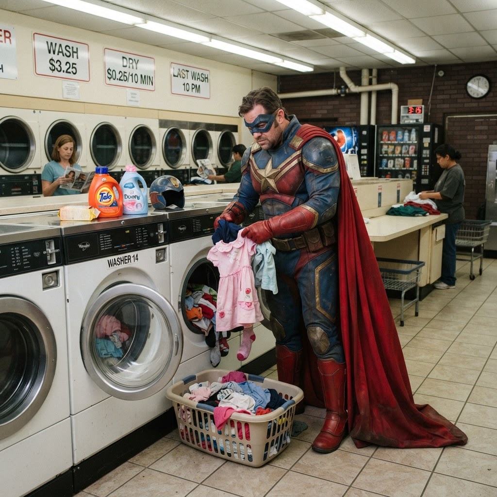 Super-herói no Dia de Lavar Roupa