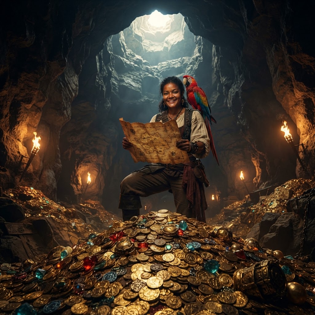 Imagine yourself standing triumphantly atop a pile of golden doubloons inside a dimly lit cavern, clutching a weathered treasure map while a realistic parrot perches on your shoulder.