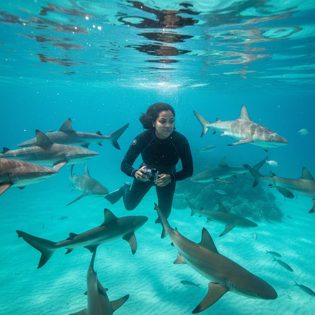 Imagine yourself surrounded by a school of realistic sharks just below the surface of a crystal-clear ocean, feeling the adrenaline rush of this wild encounter.