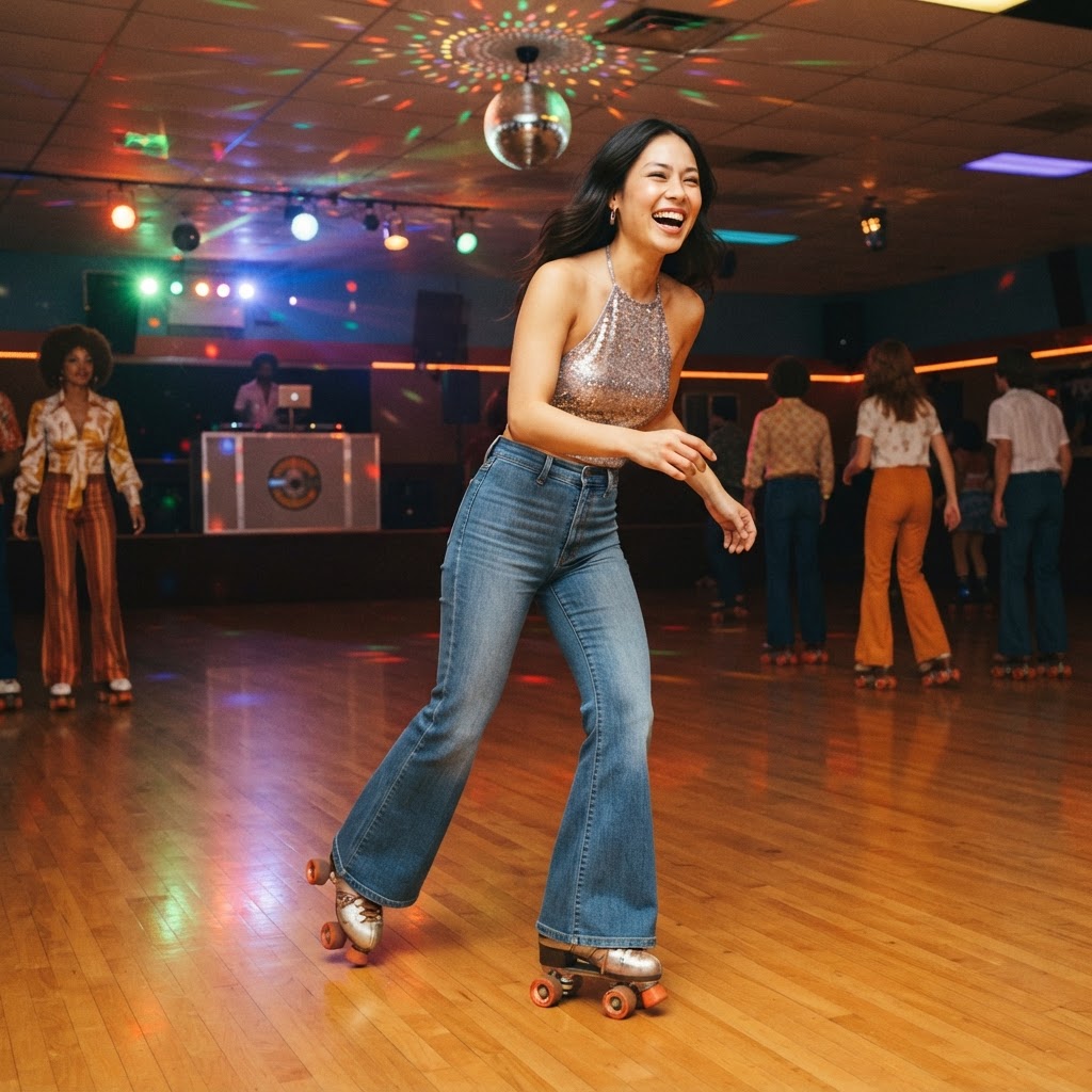 Imagine yourself gliding across the polished wood floor of a retro roller-skating rink while wearing bell-bottoms and enjoying the vibrant atmosphere of a realistic disco-era gathering.