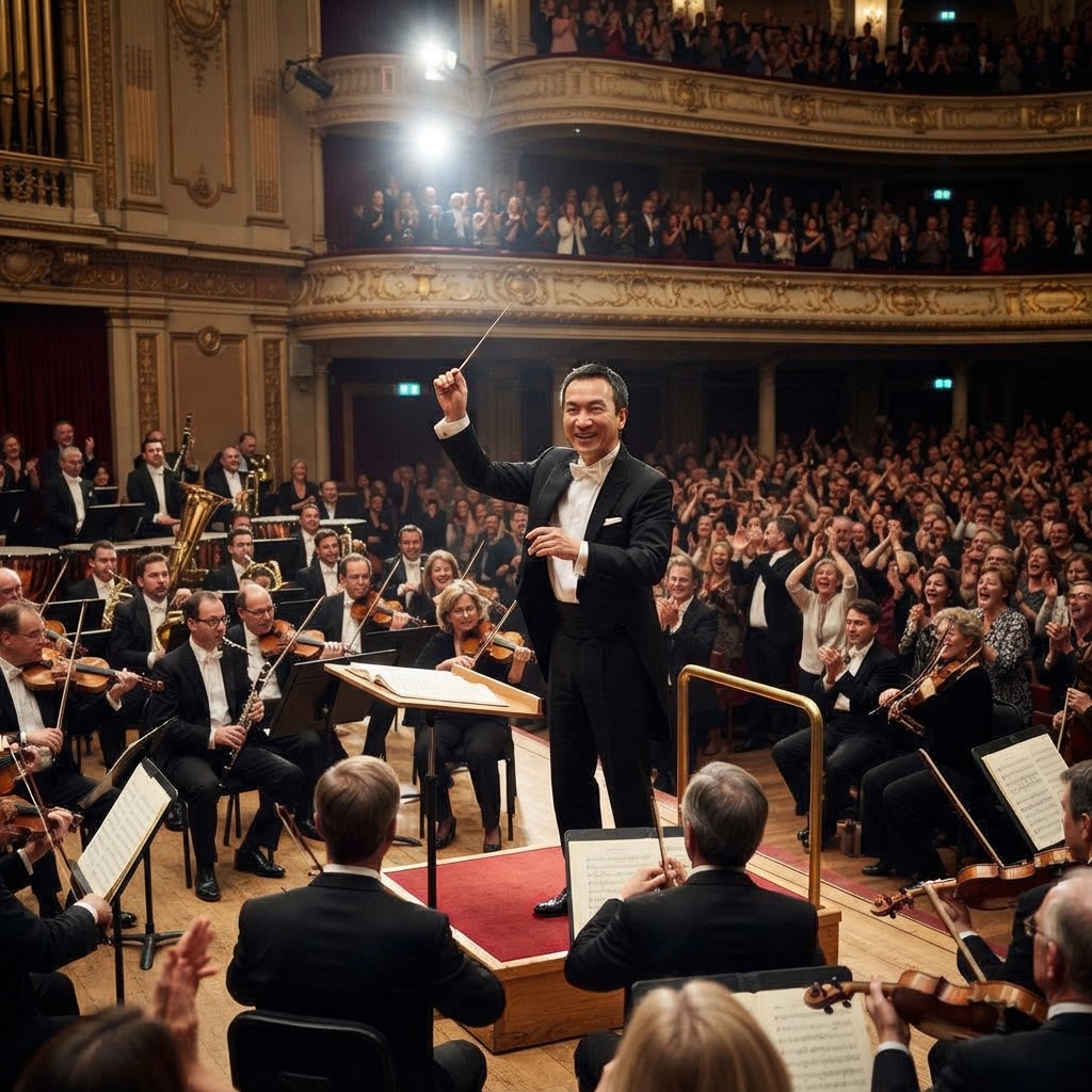Imagine yourself standing on the podium at a grand symphony hall, masterfully guiding a realistic orchestra as they perform your latest masterpiece before a roaring, sophisticated audience.