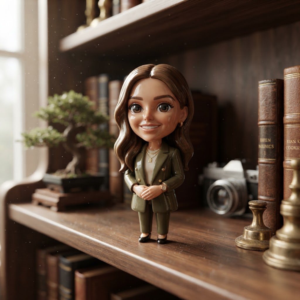 Imagine yourself as a tiny collectible resin figurine, approximately 2 inches tall with a slightly oversized head, simplified facial details, glossy hand-painted finish, and luxurious enamel coating, standing confidently on a polished walnut bookshelf among beautifully arranged books, a small bonsai tree, vintage cameras, and decorative objects, with soft window light highlighting subtle dust particles and gentle signs of age.
