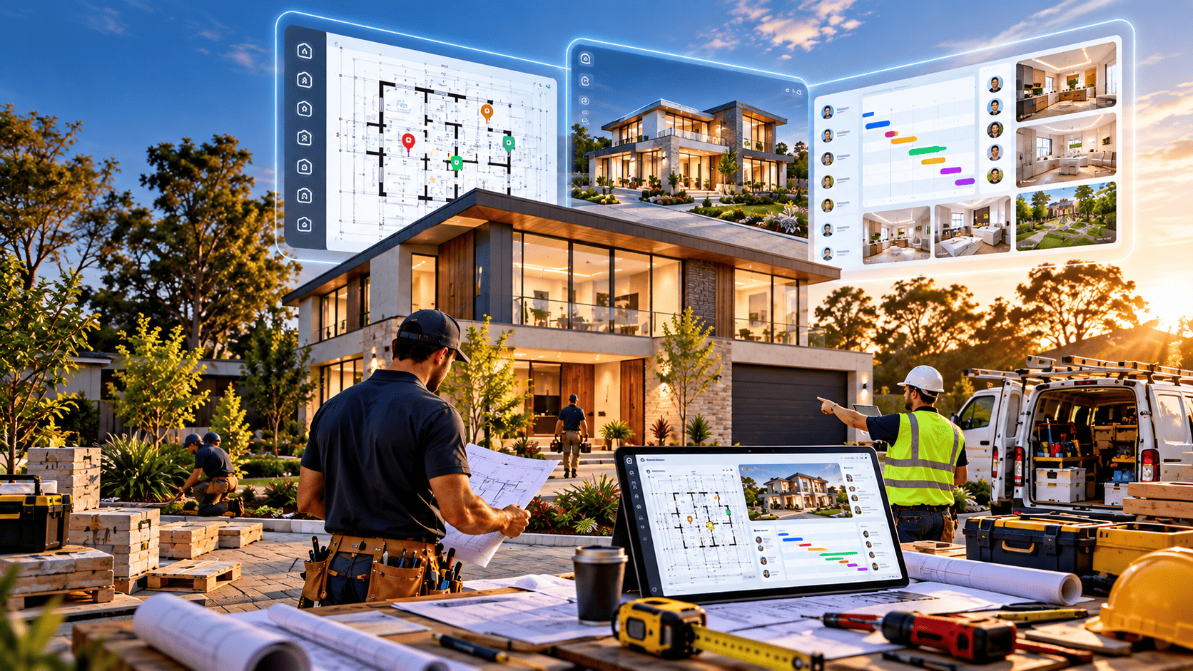 Tradies reviewing plans on site beside a two-storey build, with a floor plan, render and project schedule shown on screen