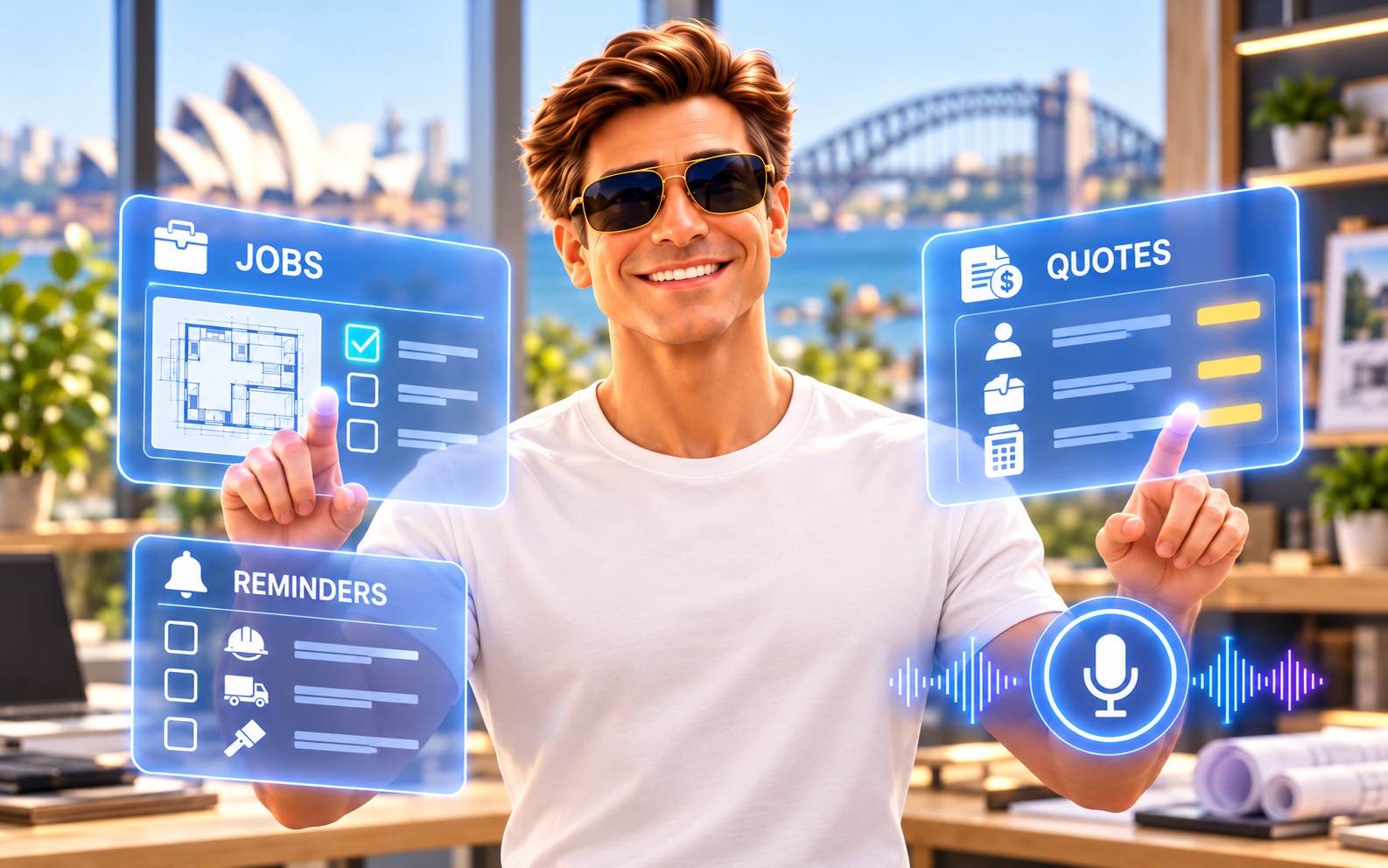 Daniel AI working with jobs, quotes, plans and reminders on holographic panels