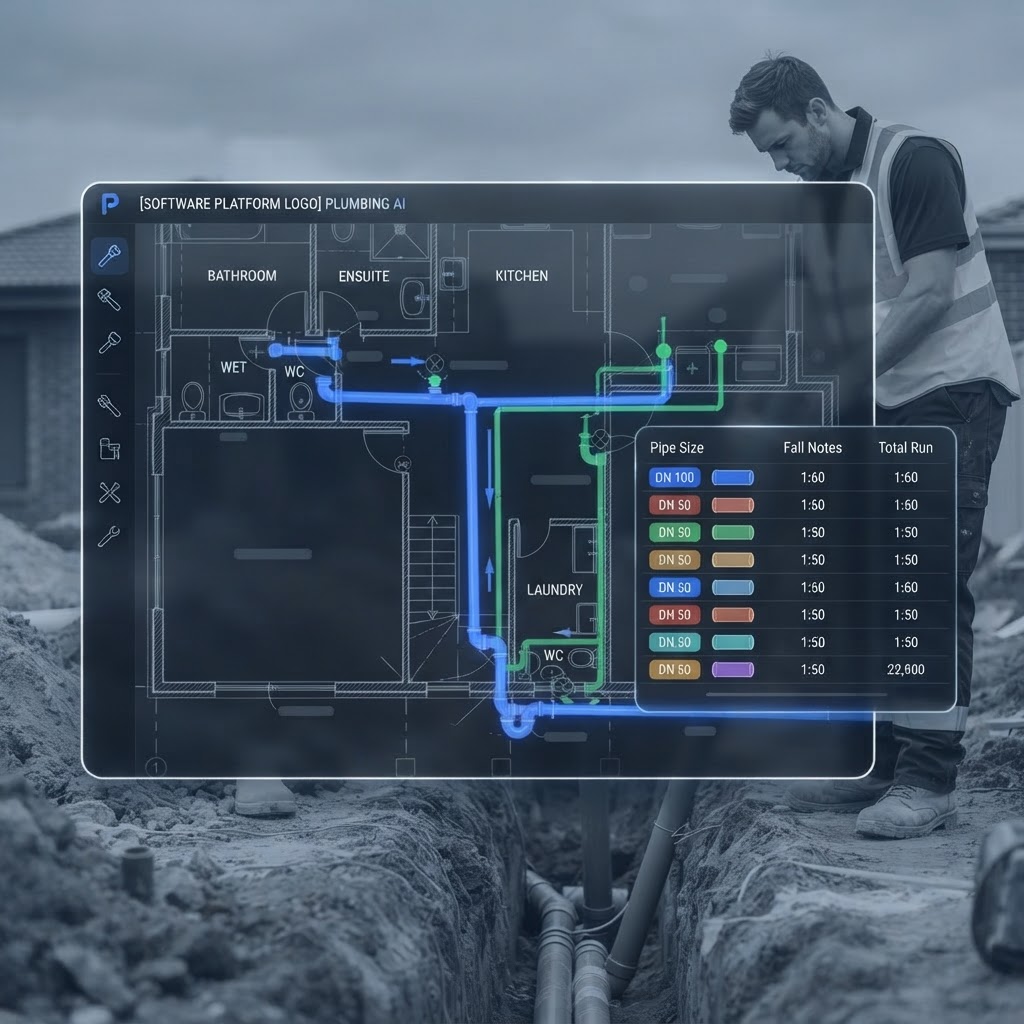 Plumbing AI — Wet areas detected, drainage designed.