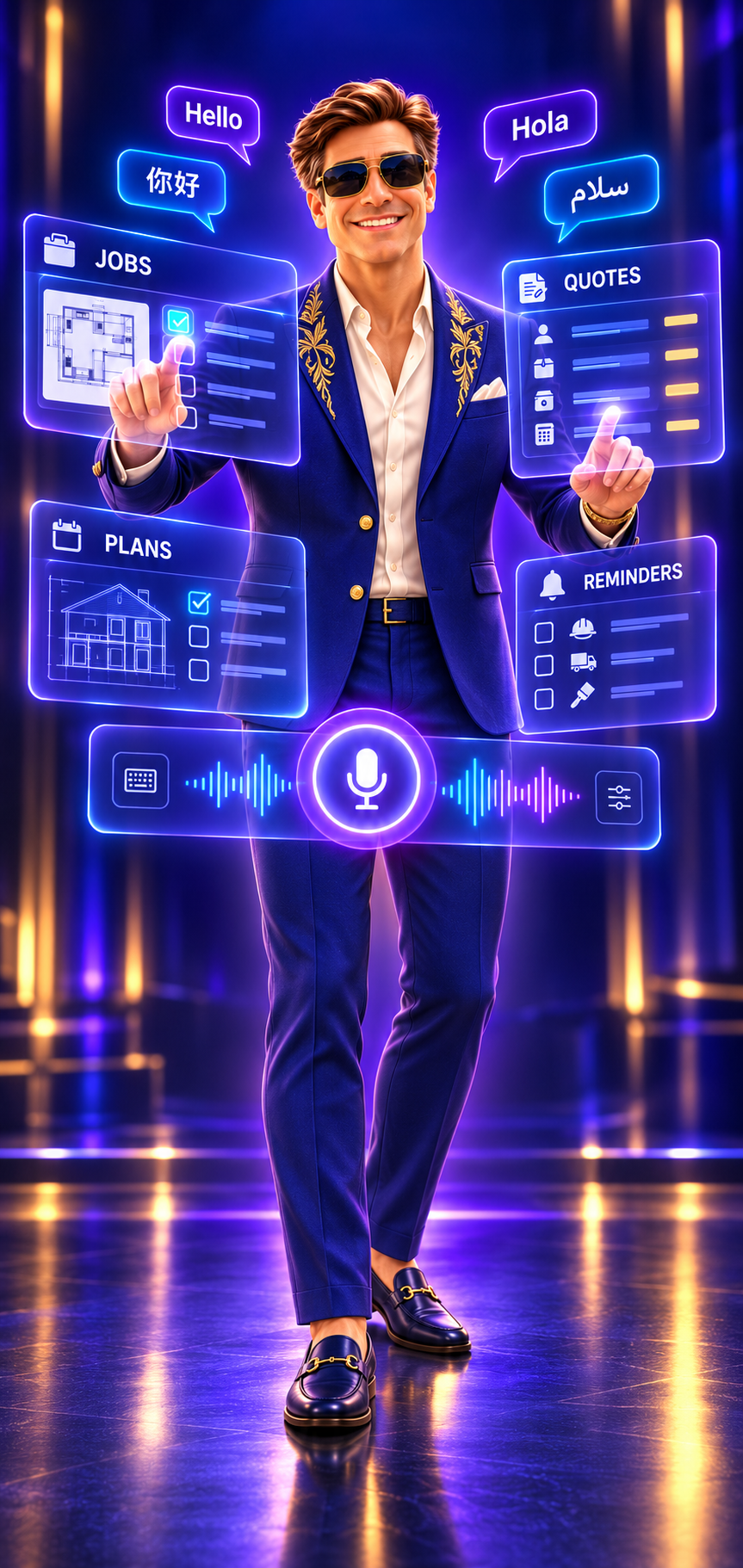 Daniel AI with jobs, quotes, plans and reminders on holographic panels