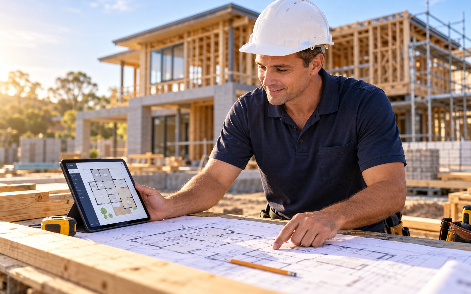 A builder working from printed drawings and a tablet on site