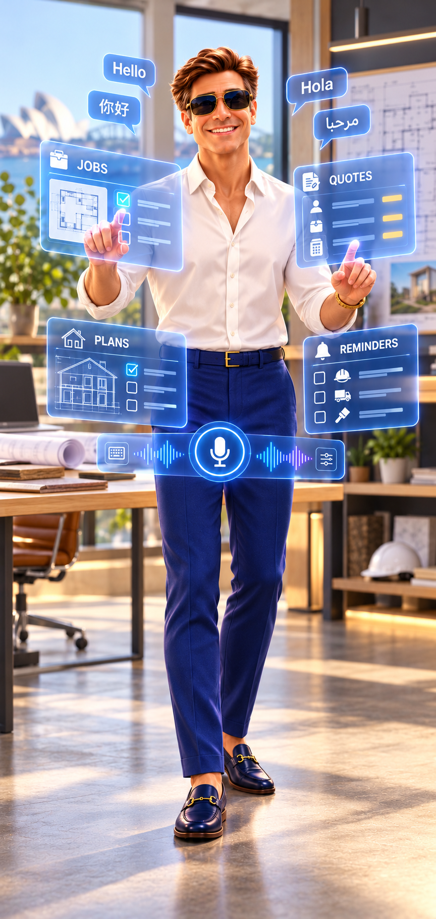 Daniel AI working with jobs, quotes, plans and reminders on holographic panels