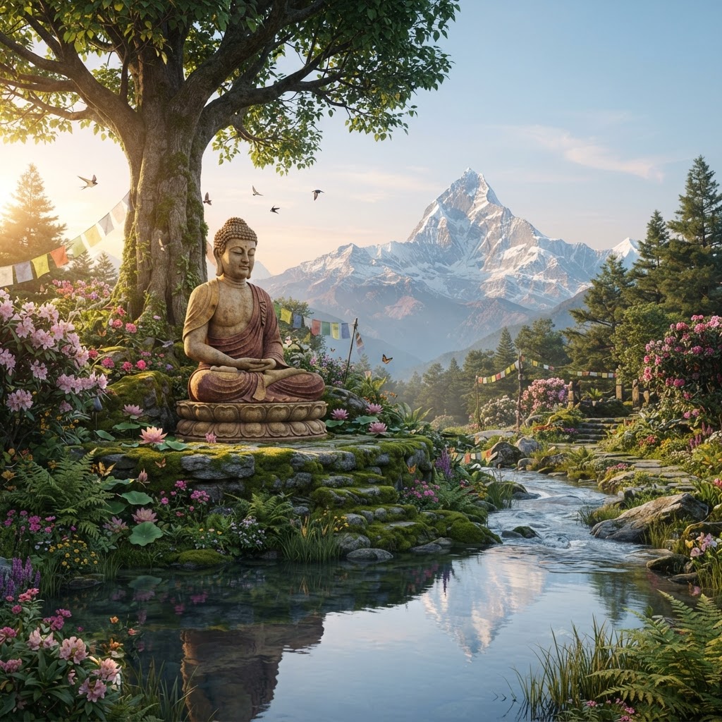 Buddha meditating in nature with Mount Everest