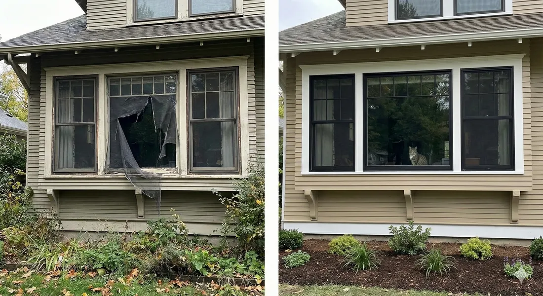 Window screen before and after professional repair