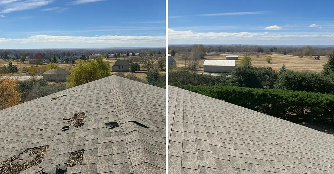Damaged shingles before and after repair
