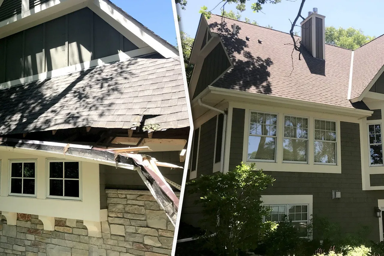 Gutter and roof damage before and after repair