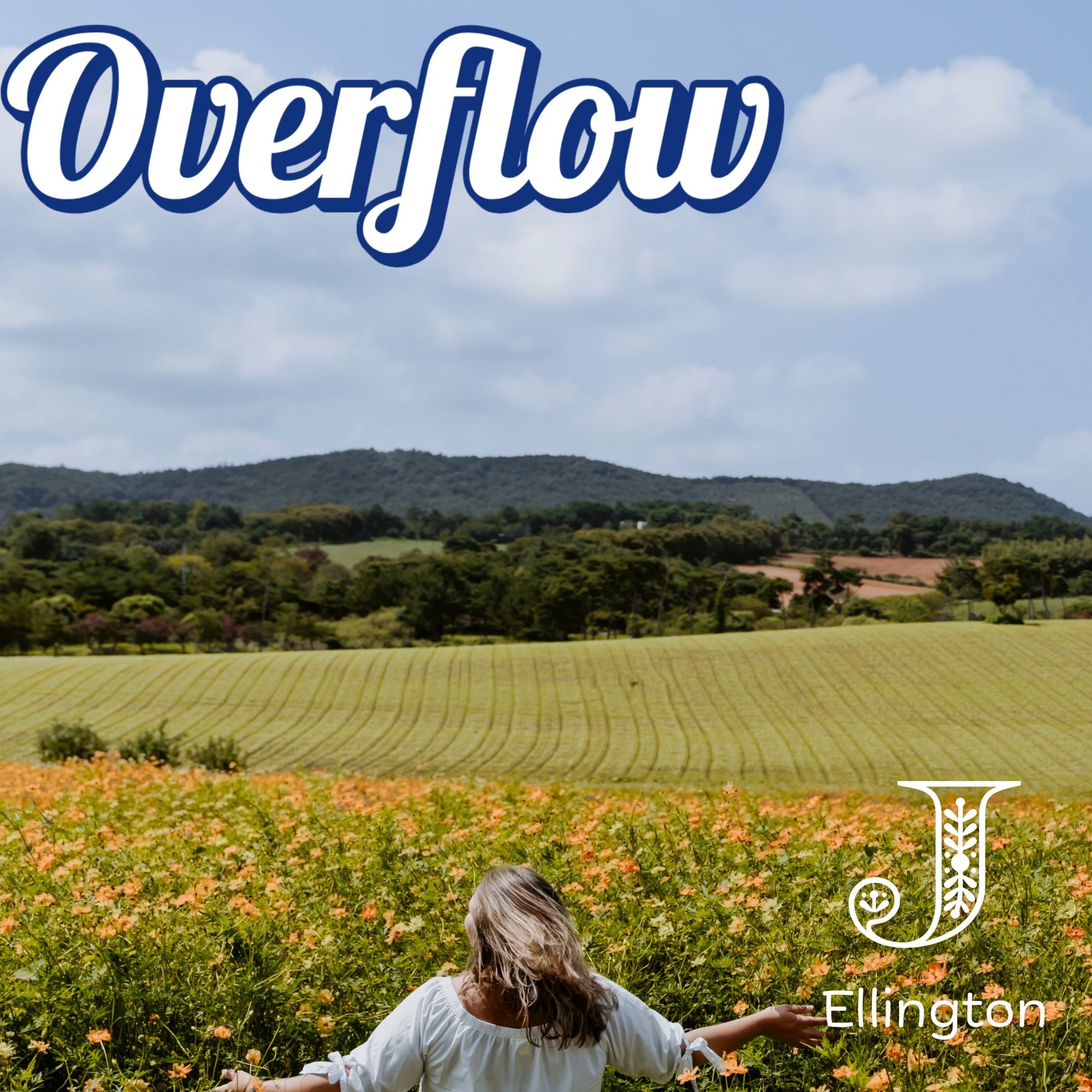 Overflow, by J Ellington. A woman stands in a field of flowers, arms open.