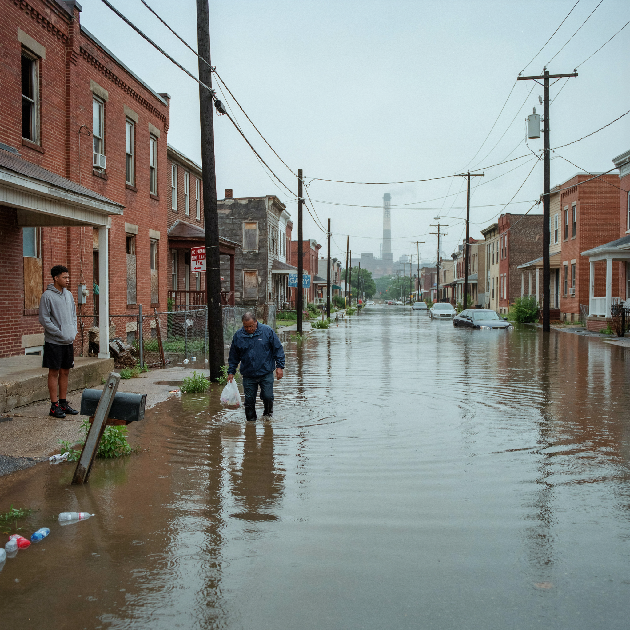 A flooded residential street with an industrial smokestack in the distance — representing underreported local issues and their public-health consequences