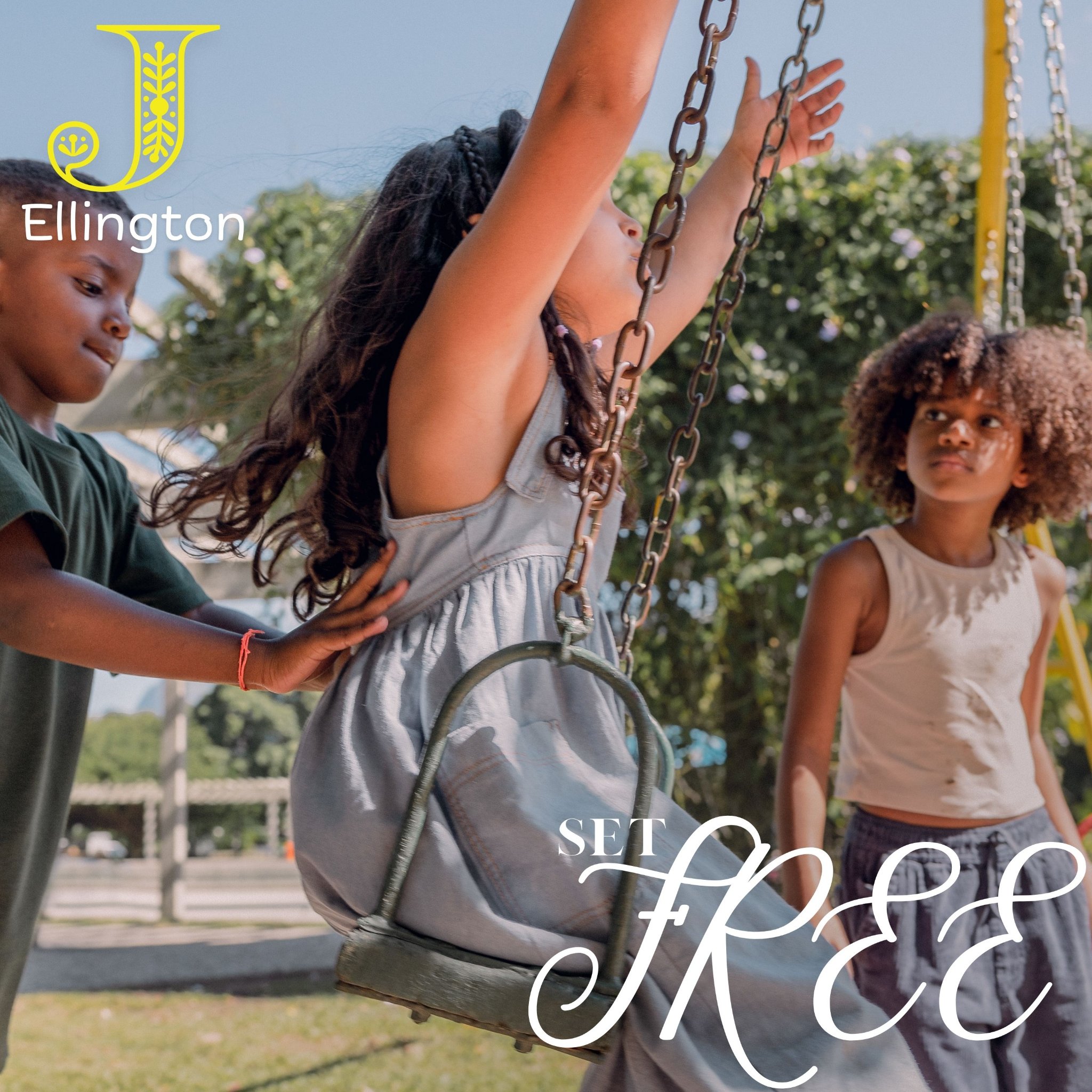 Set Free, by J Ellington. A girl on a swing, friends beside her.