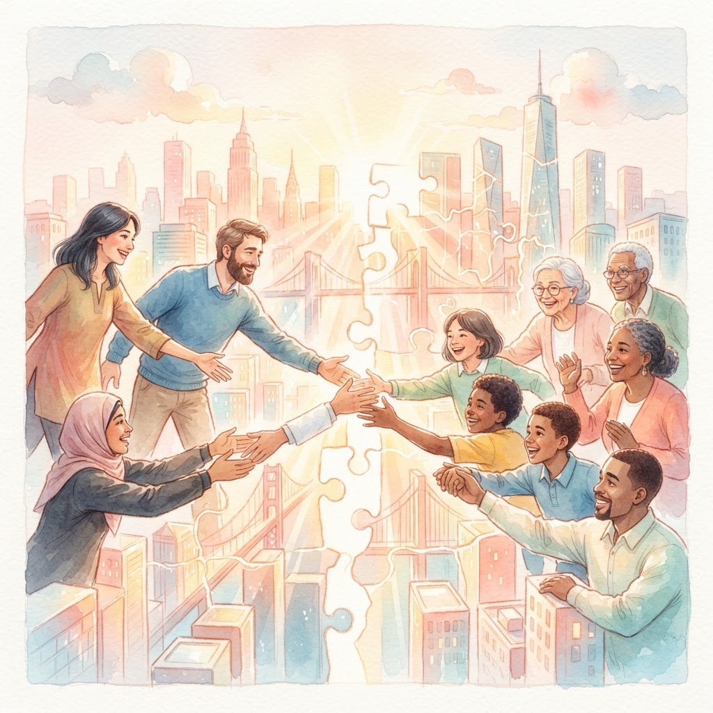Light watercolor of diverse people joyfully reaching toward each other as dawn light streams through mending cracks in a cityscape