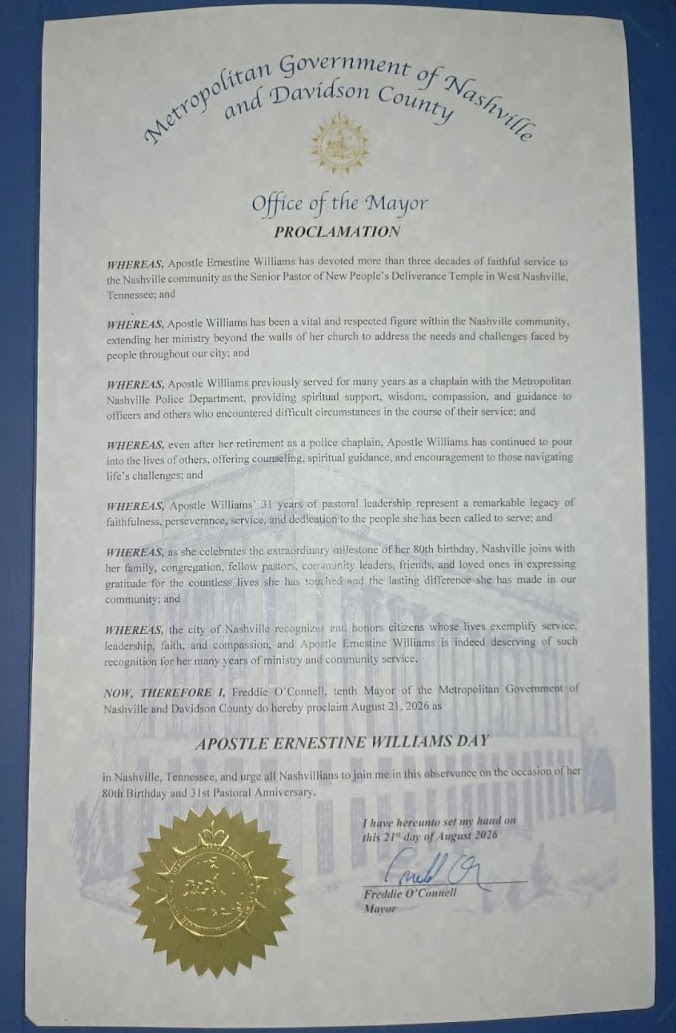 Apostle Ernestine Williams Day Proclamation