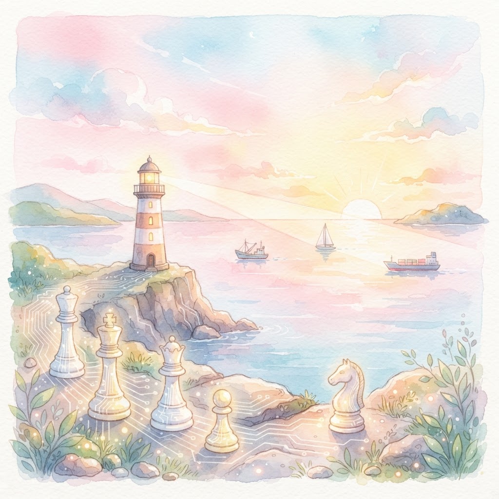 Light watercolor of a small steady lighthouse calmly guiding ships at dawn over chess pieces and circuit pathways, gentle hopeful light