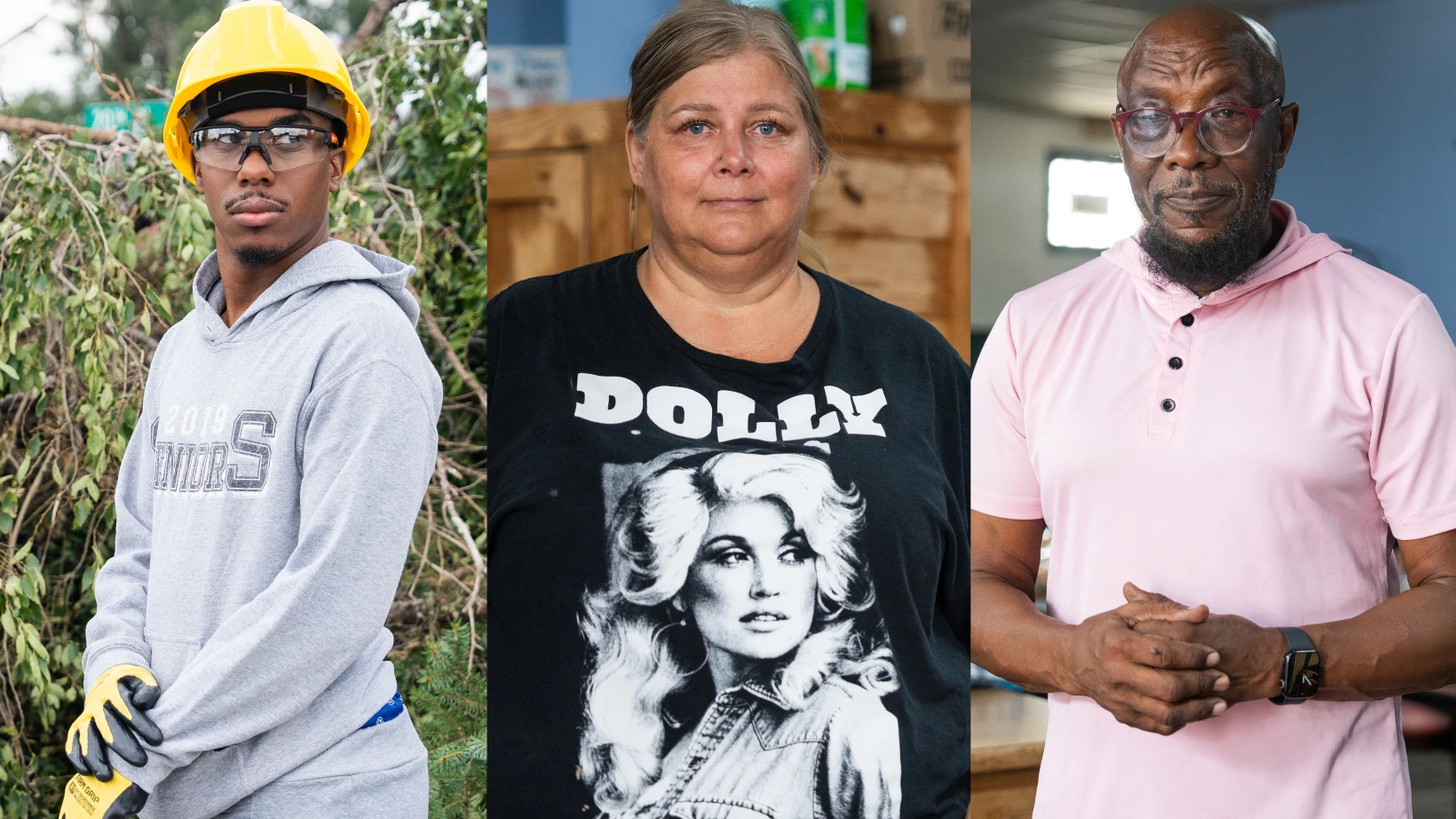 Miles Lewis (from left), Allison Looney and Isaac Mootye deal with the aftermath of the Aug. 11 storms once power is mostly restored in Gary, Indiana.