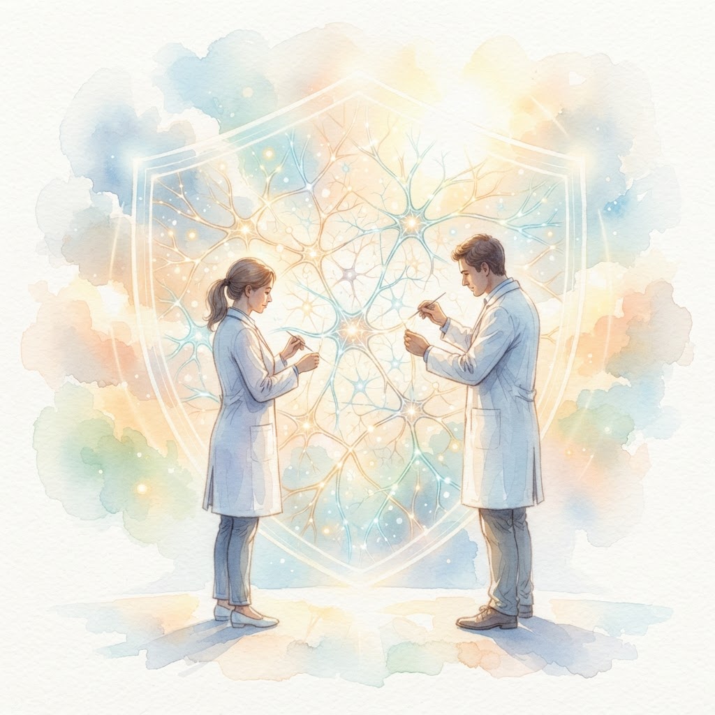 Light watercolor of two minds working collaboratively beside a glowing neural-network lattice with a protective shield, soft sunrise palette
