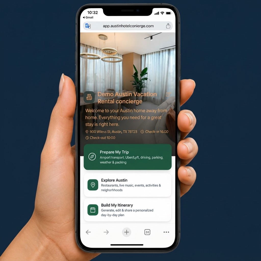 A phone held in a hand showing the demo Austin vacation-rental concierge: a property hero photo, welcome message, address, check-in and check-out times, and action tiles for Prepare My Trip, Explore Austin, and Build My Itinerary.