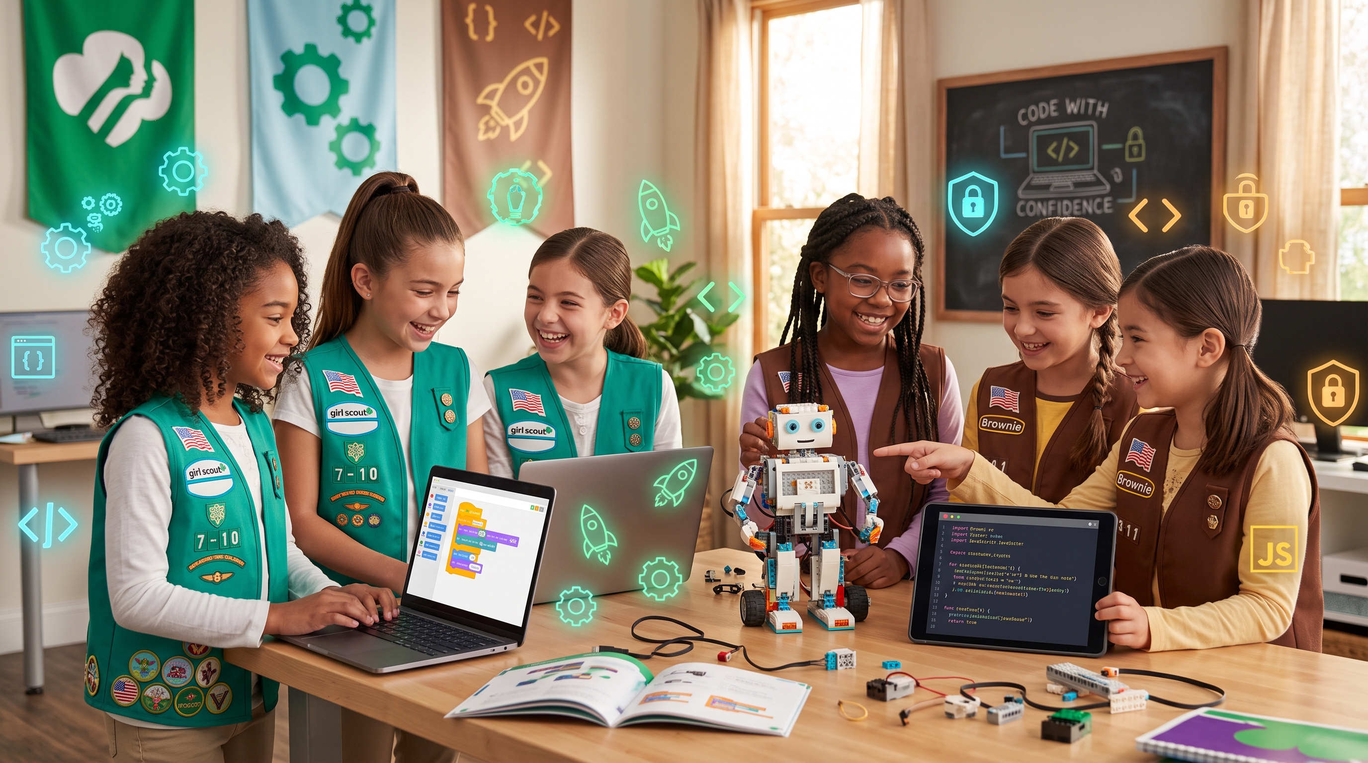 Girl Scouts working on coding and robotics projects