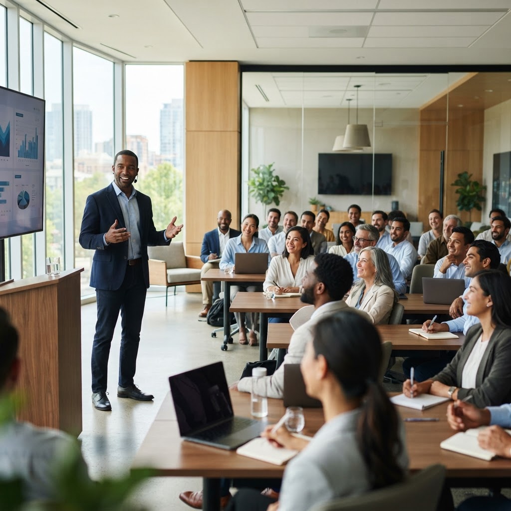 African American entrepreneur presenting to a multicultural audience