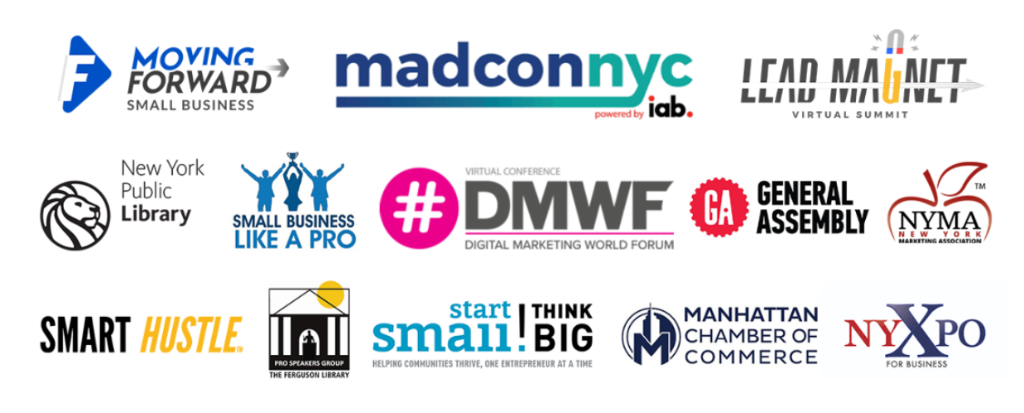 Event partner logos: Moving Forward Small Business, MadCon NYC, Lead Magnet Summit, New York Public Library, DMWF, General Assembly, NYMA, Smart Hustle, Start Small Think Big, Manhattan Chamber of Commerce, NYXpo and more