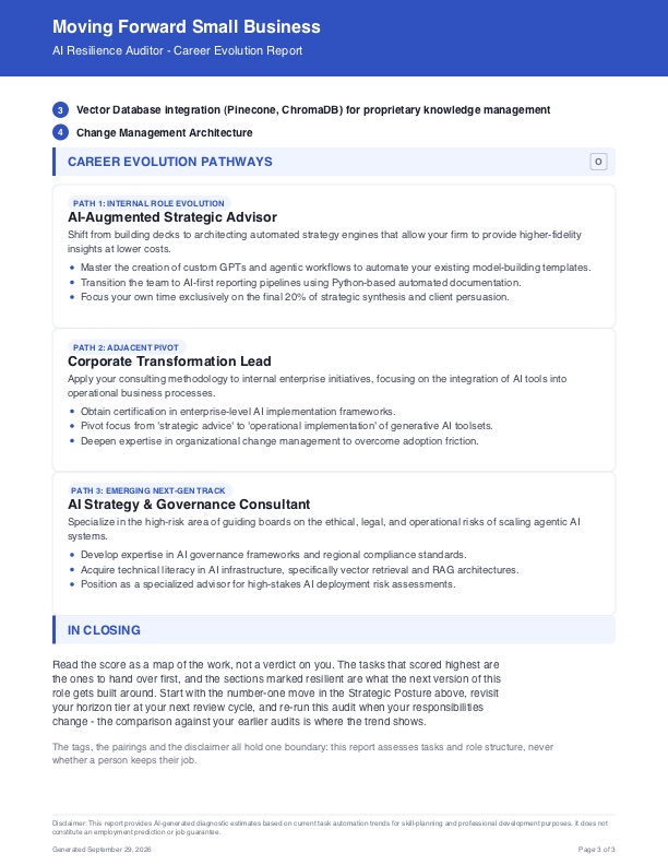 AI Resilience Audit report page 3 — career evolution pathways and closing summary