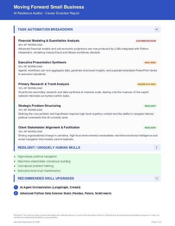 AI Resilience Audit report page 2 — task automation breakdown, resilient skills and skill upgrades