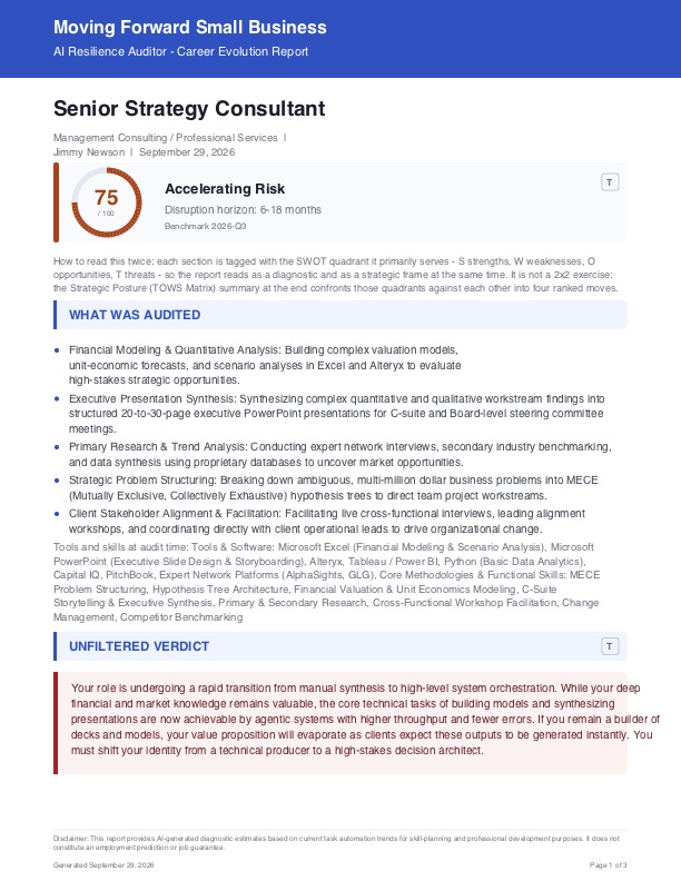 AI Resilience Audit report page 1 — displacement score, risk horizon and unfiltered verdict