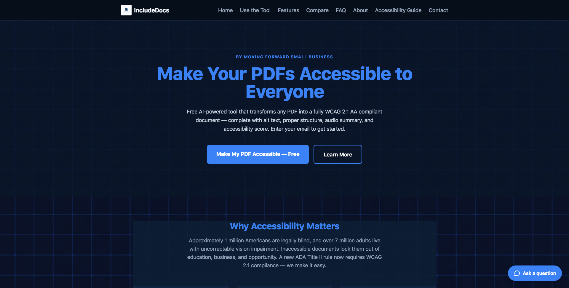 IncludeDocs homepage — free AI tool that makes PDFs WCAG 2.1 AA accessible
